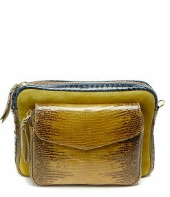 CLARIS VIROT Sac Charly Lézard Python Navy Kaki Moutarde