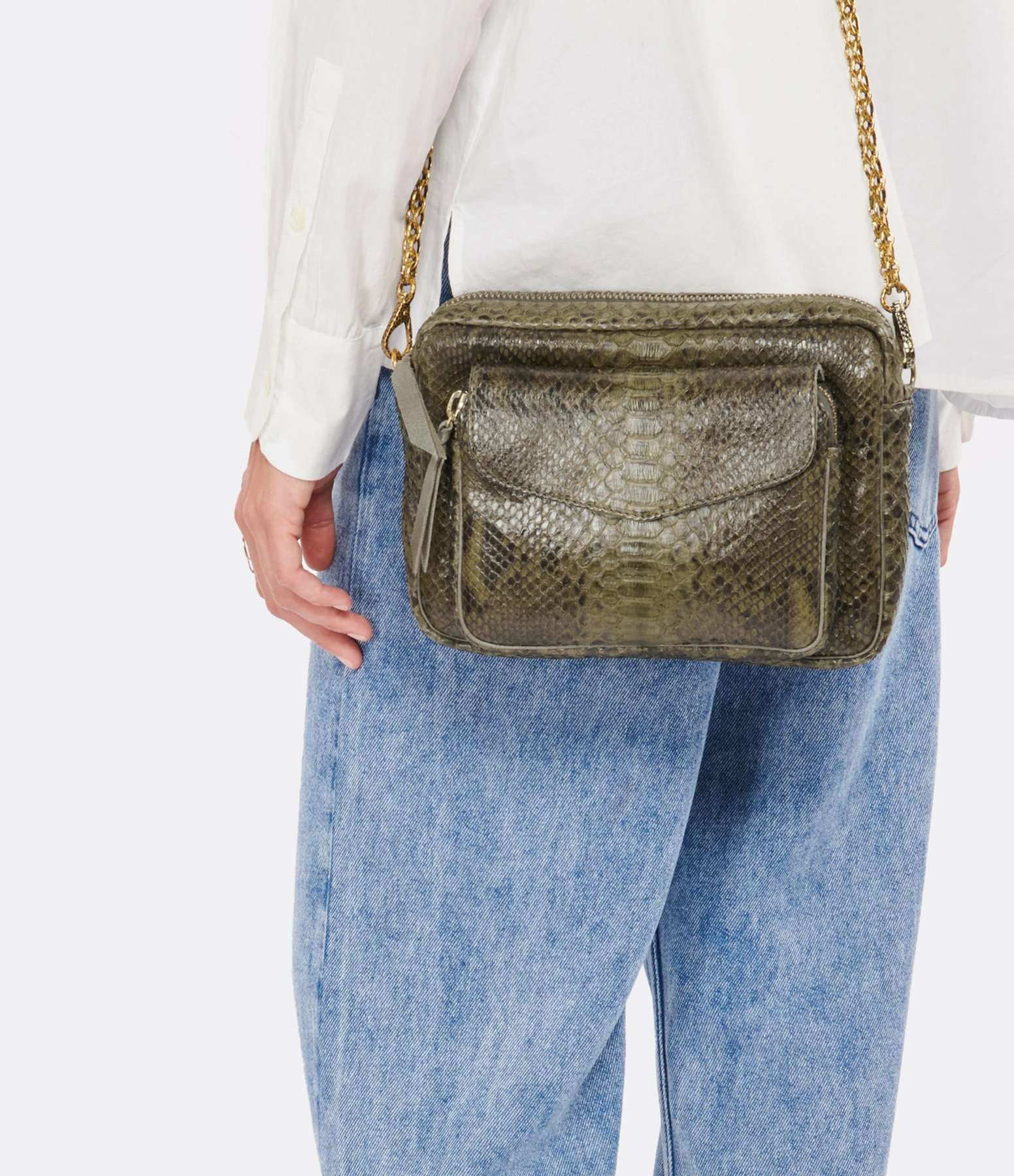 CLARIS VIROT Sac Big Charly Python Kaki Foncé 6 CLARIS VIROT Sac Big Charly Python Kaki Foncé – Image 4