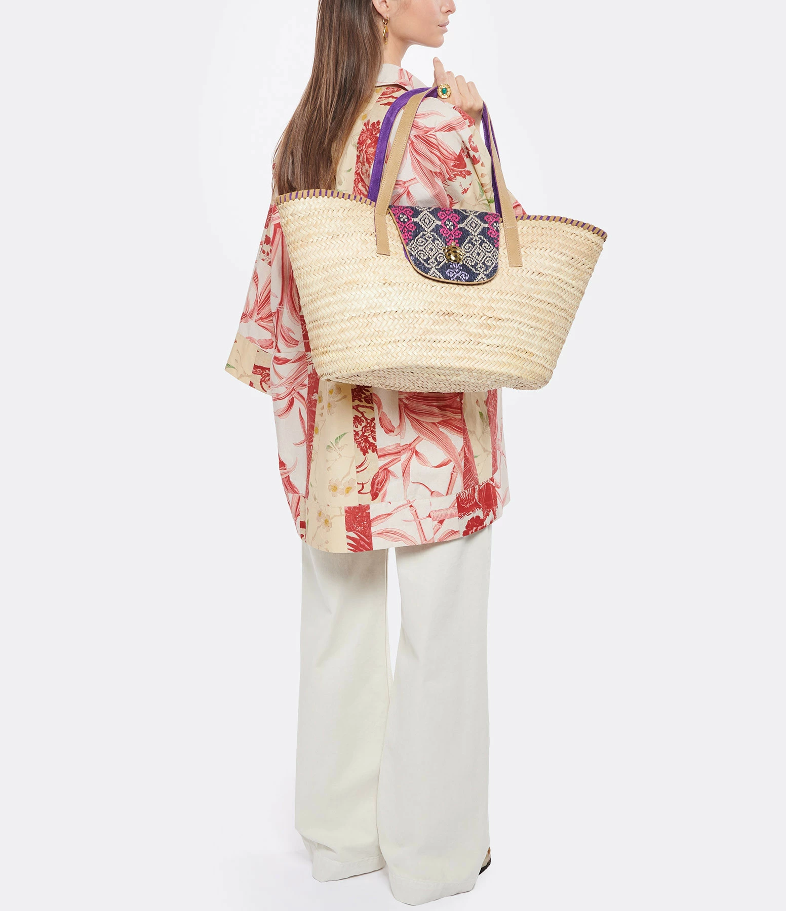 CLARIS VIROT Panier Zoé Sumba Indigo Cuir Sable 8 CLARIS VIROT Panier Zoé Sumba Indigo Cuir Sable – Image 6